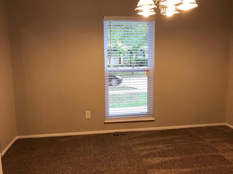 a living room with a window and a carpet