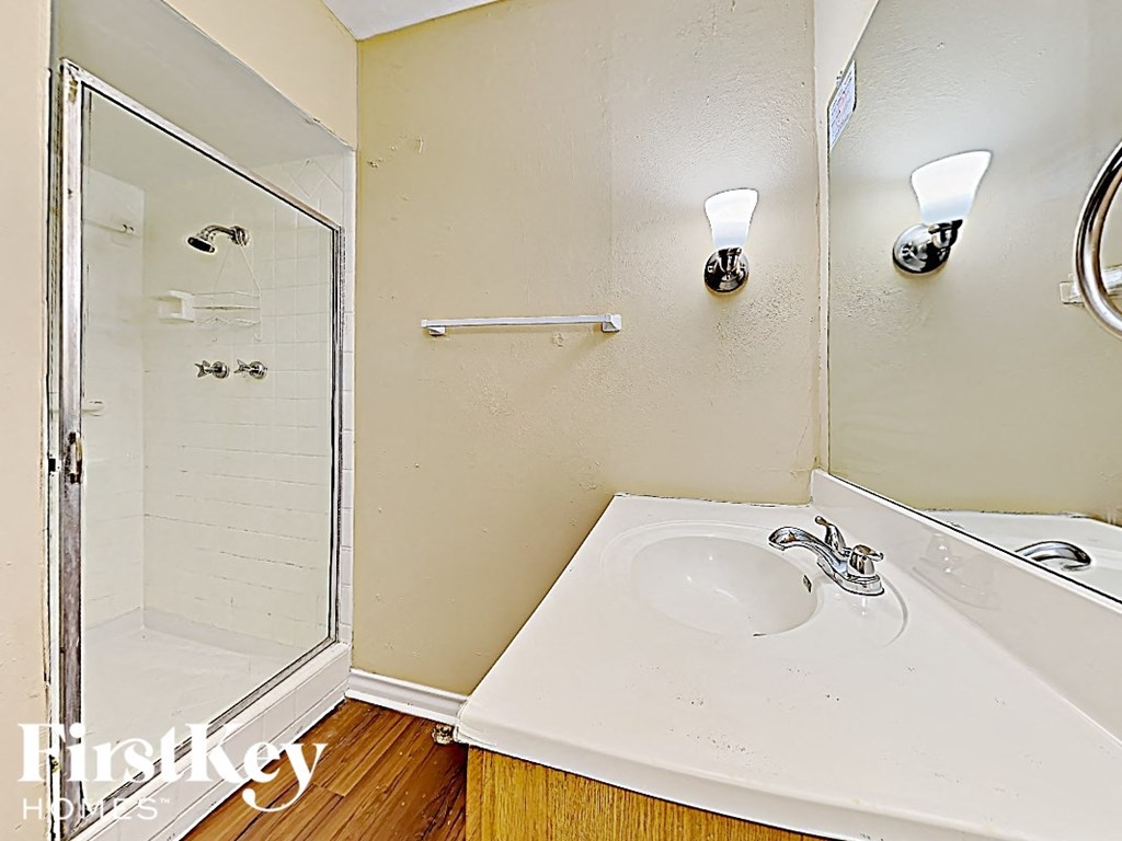 a bathroom with a sink and a shower and a mirror