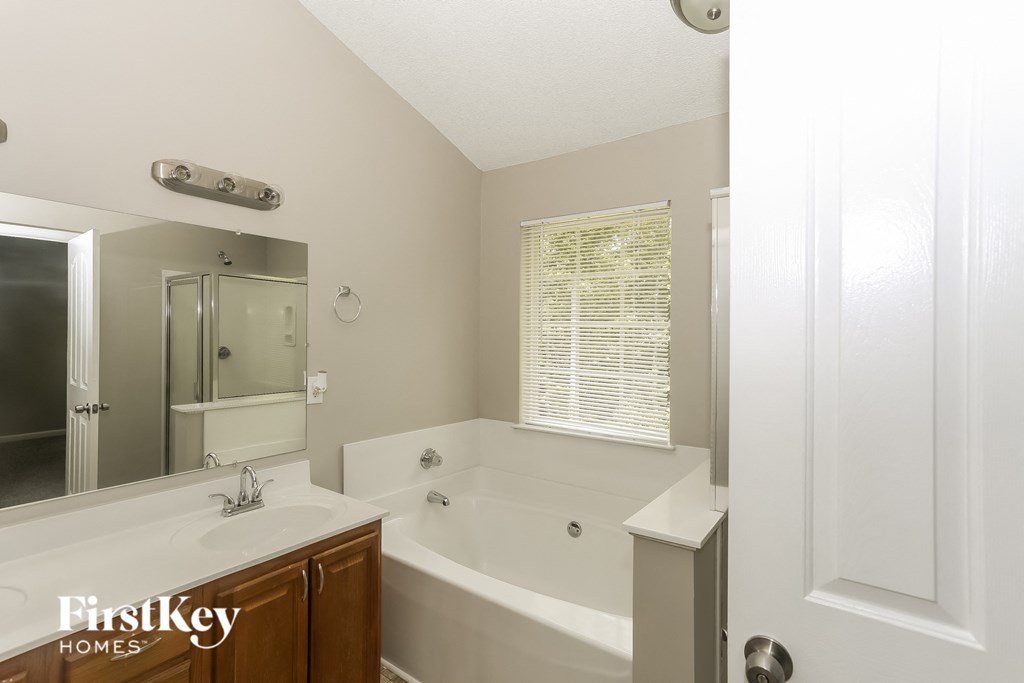 a bathroom with a tub and a sink and a mirror