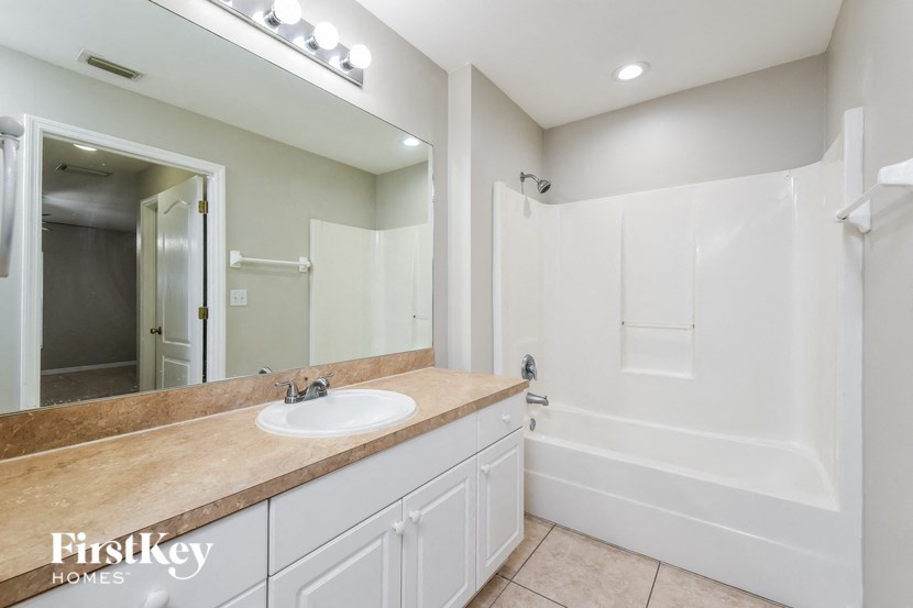 a bathroom with a sink and a shower and a mirror