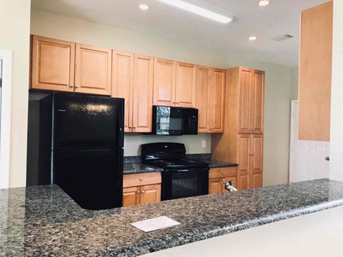A kitchen with black appliances and wooden cabinets.