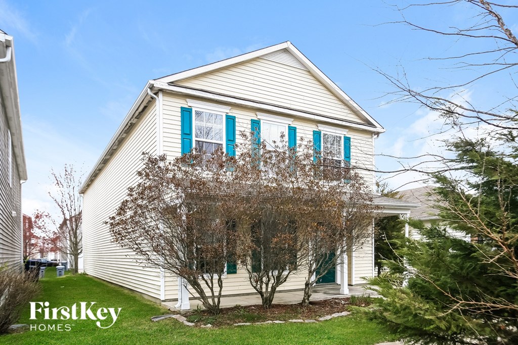 A white house with blue shutters and a tree in front.