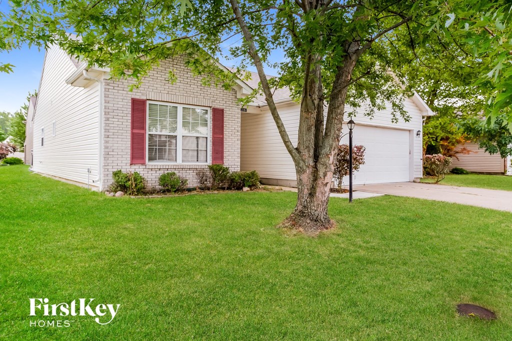 a white house with red shutters and a tree in the yard