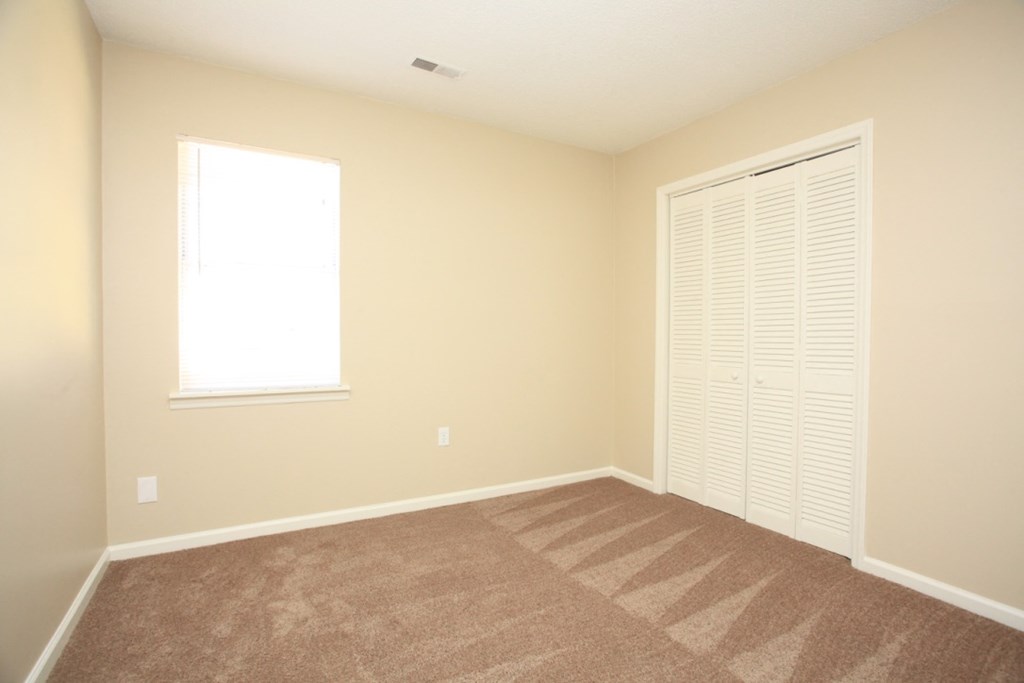 a room with carpet and a closet and a window