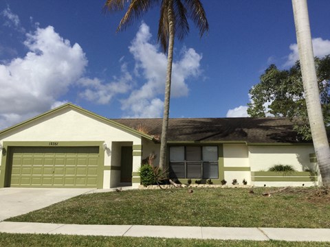 A house with a green garage door and a palm tree in front.