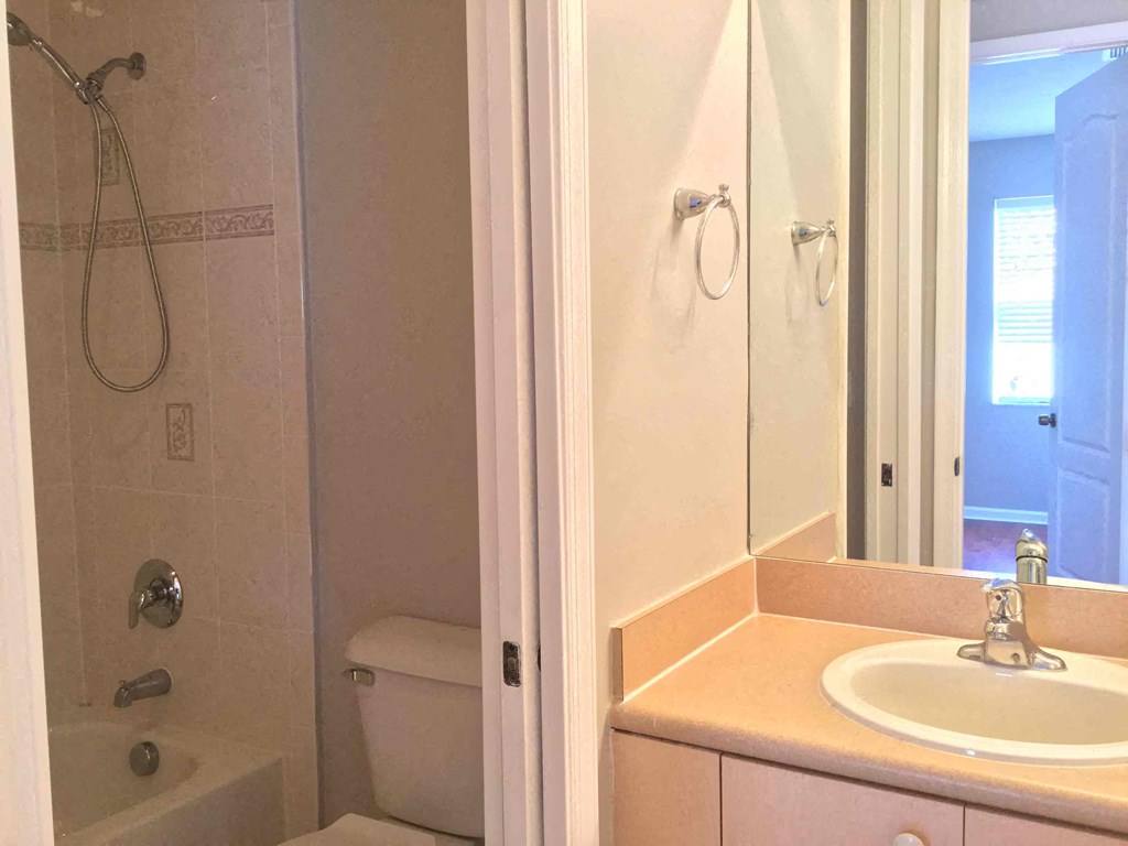 a bathroom with a sink and a shower and a toilet