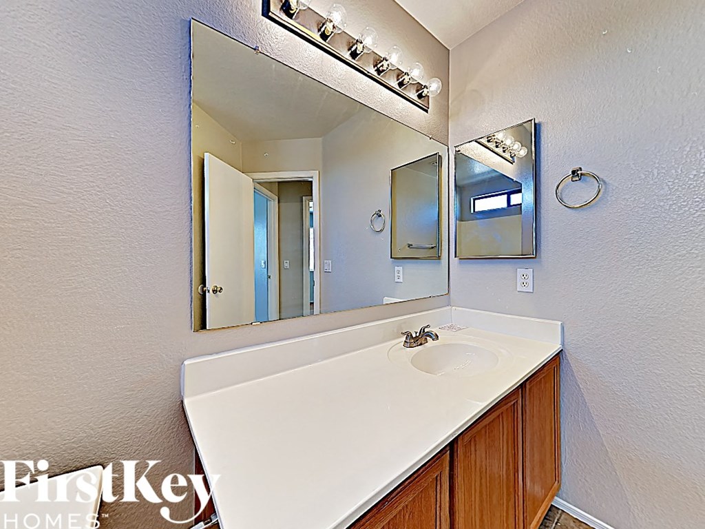 a bathroom with a white sink and a large mirror