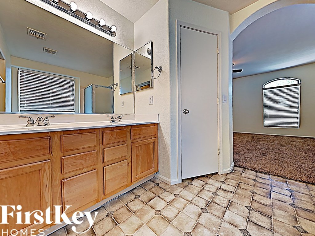 a bathroom with a sink and a mirror and a shower