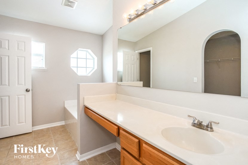 a bathroom with a sink and a mirror and a tub
