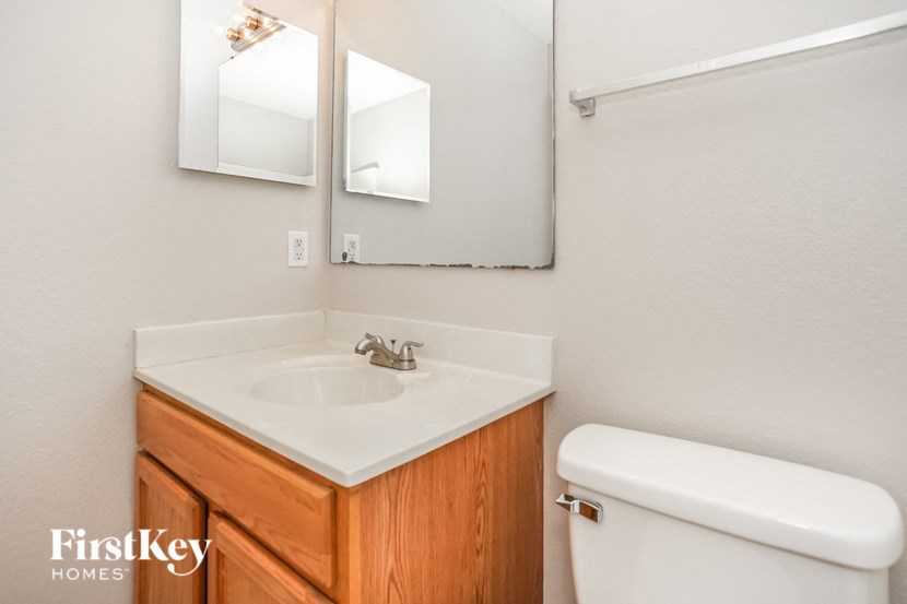 a bathroom with a sink and a toilet and a mirror