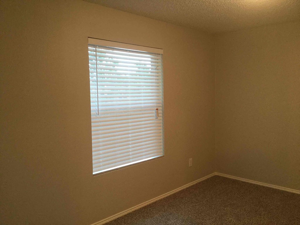 a room with a window with blinds and a carpet