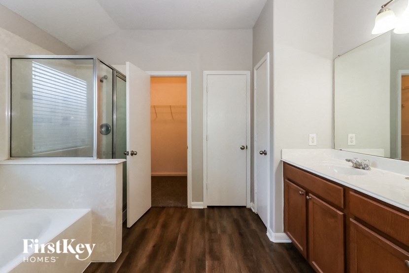 a bathroom with a sink and a mirror and a shower
