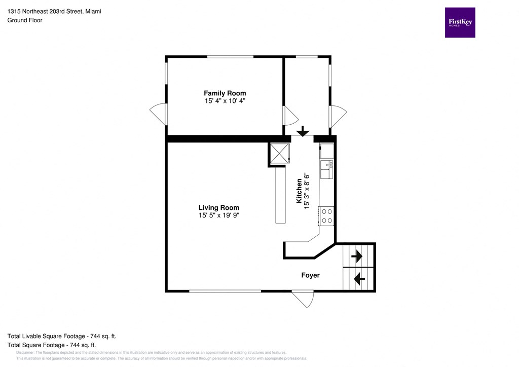 A floor plan for a house at 1315 Northwest 203rd Street, Miami with a total livable square footage of 744 square feet.