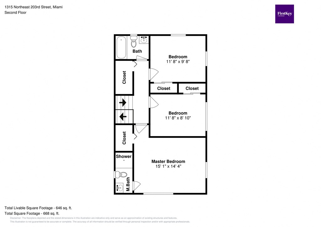 A floor plan of an apartment in Miami showing two bedrooms and a master bedroom.