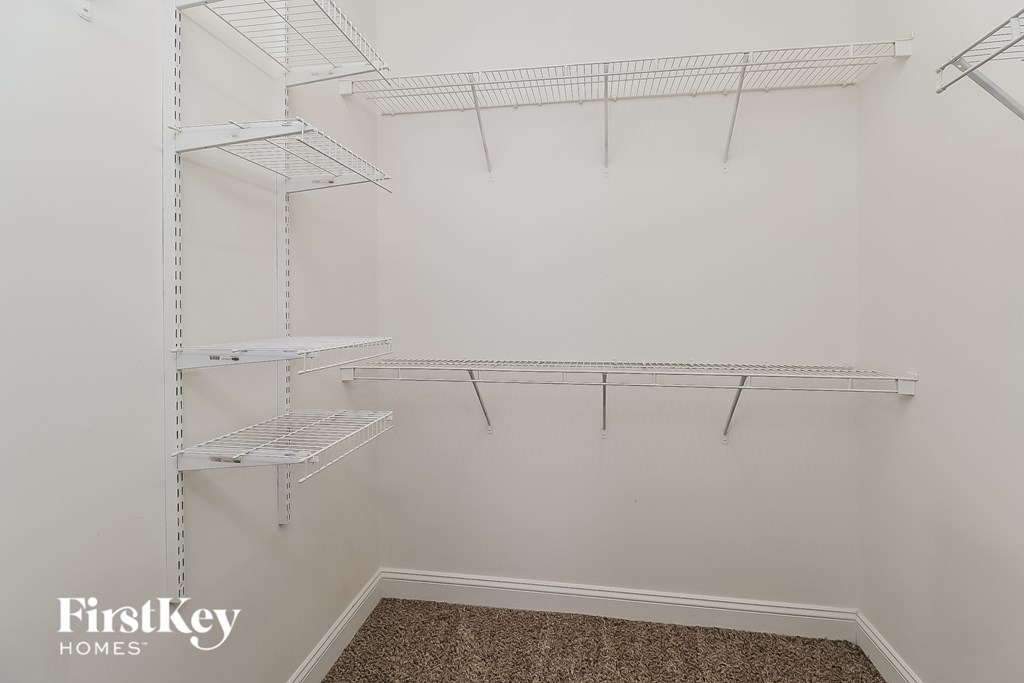 A white empty room with shelves and a carpeted floor.