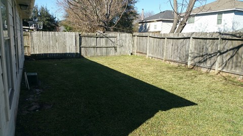 A backyard with a wooden fence and a shadow of a tree on the grass.