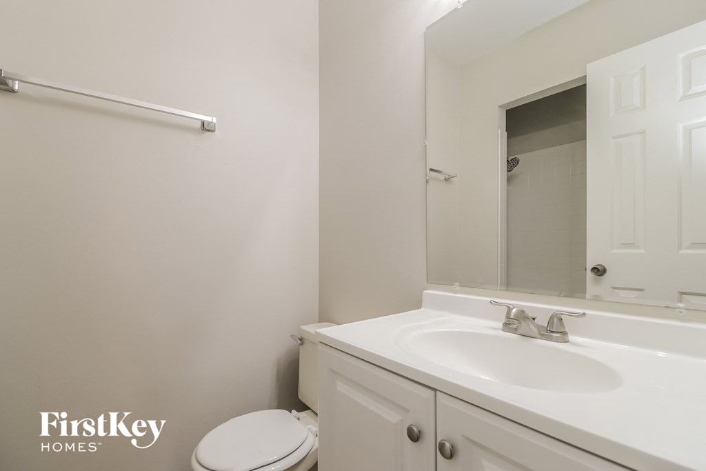 a bathroom with a sink and a mirror and a toilet