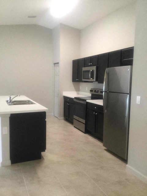 a kitchen with stainless steel appliances and black cabinets