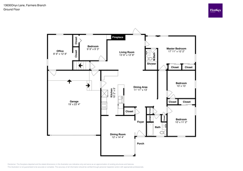 A floor plan of a house with a garage, office, and three bedrooms.