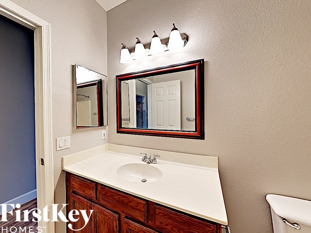 a bathroom with a sink and a mirror and a toilet