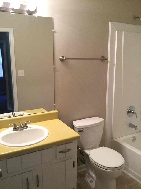 A bathroom with a toilet, sink, and mirror.