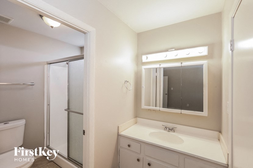 a bathroom with a sink and a mirror and a shower