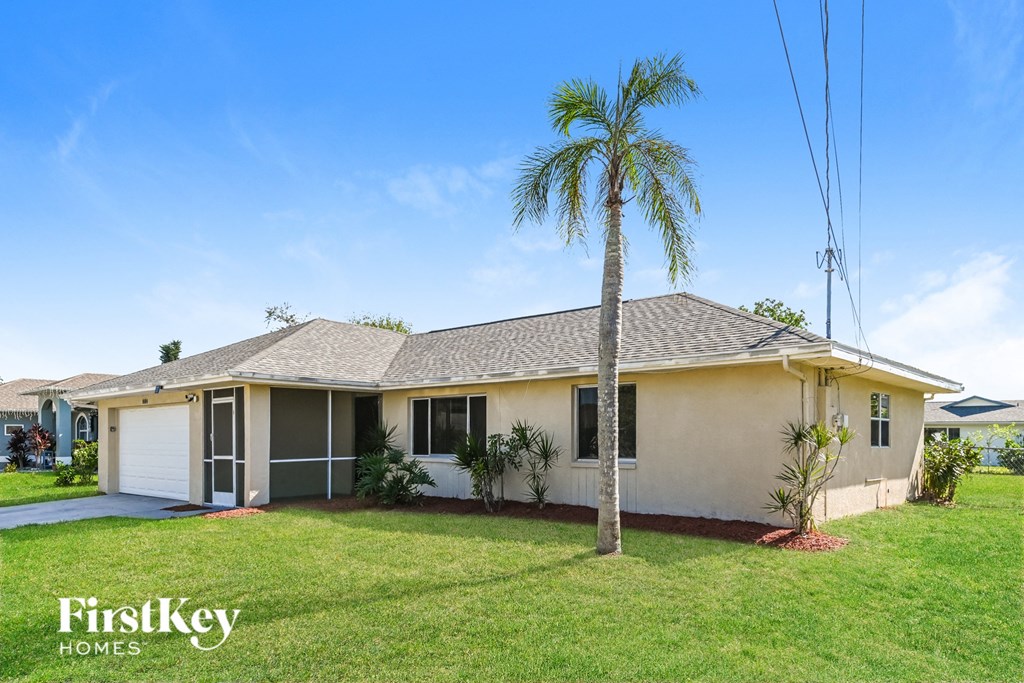 a white house with a palm tree in front of it