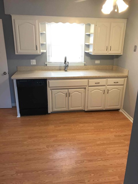 A kitchen with white cabinets and a black dishwasher.