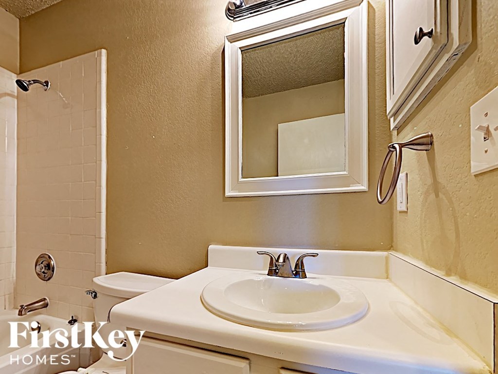 A bathroom with a white sink and a mirror above it.