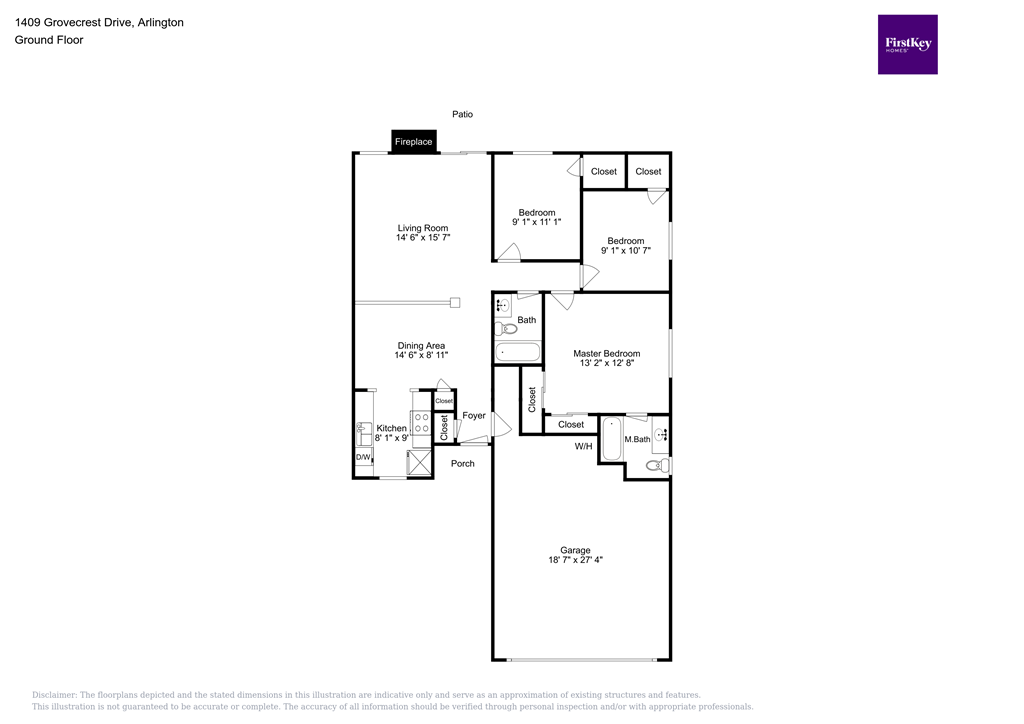 A floor plan of a house with a garage, living room, kitchen, and bathrooms.