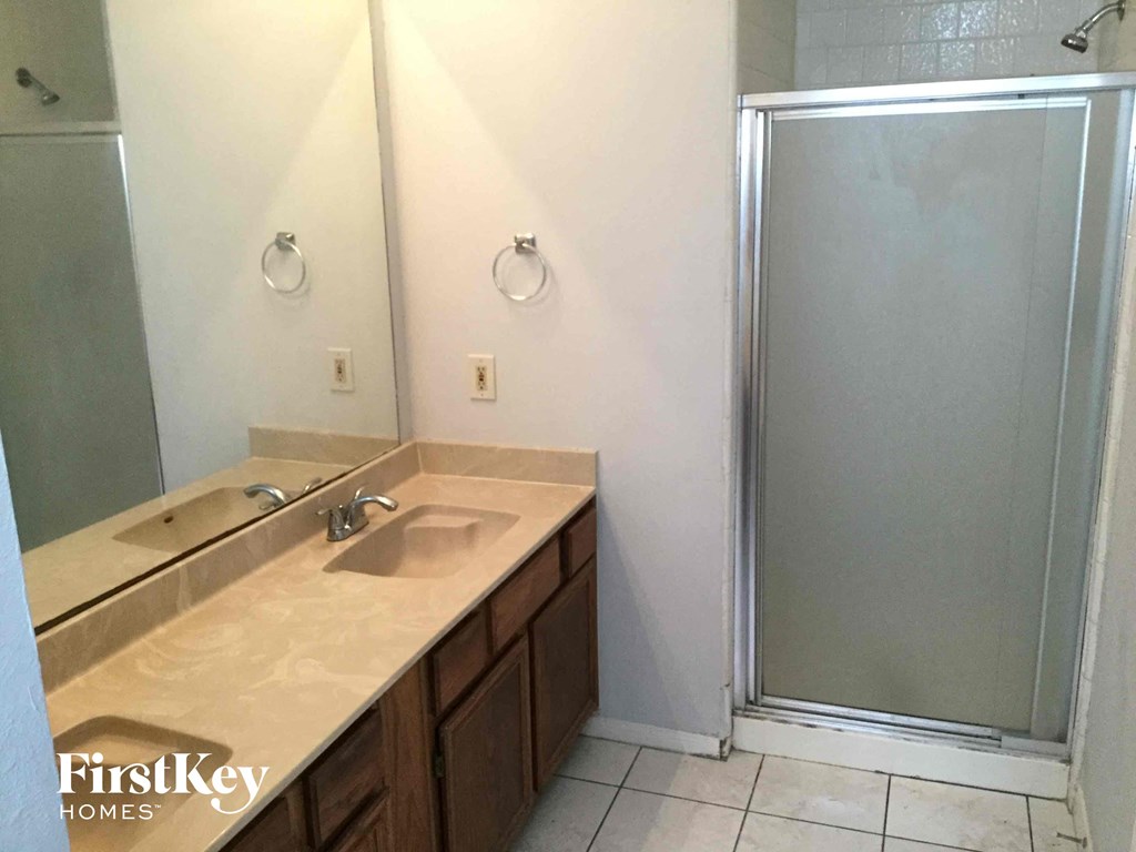 a bathroom with a sink and a shower