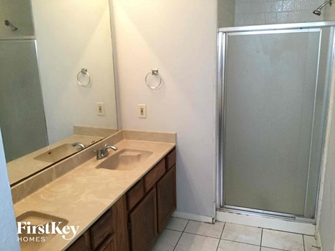 a bathroom with a sink and a shower