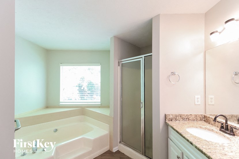 a bathroom with a tub and a sink and a shower