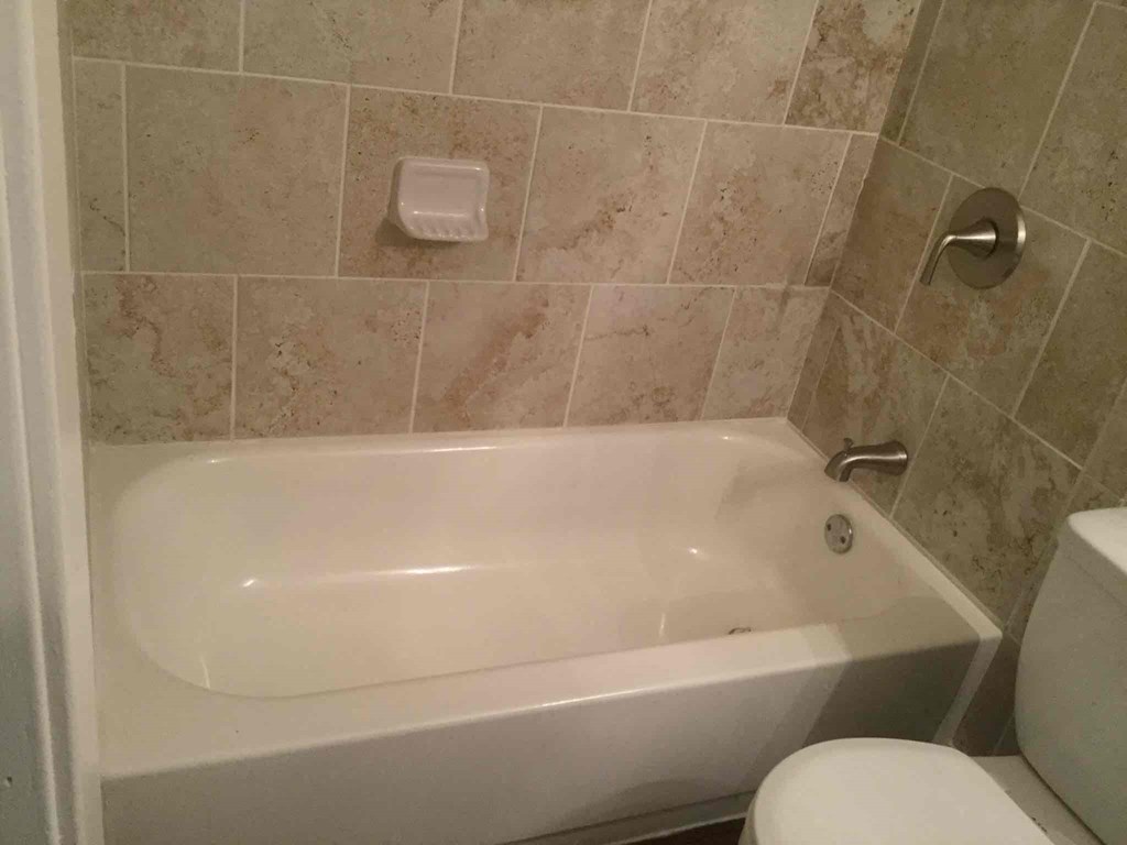 a bathroom with a bath tub and a toilet