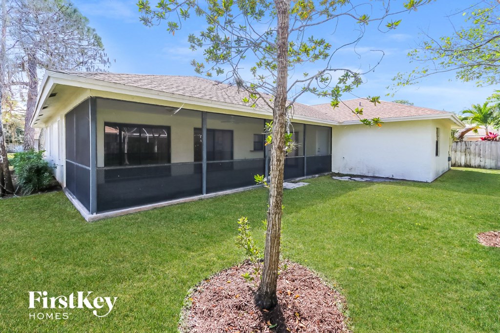 the backyard of a house with a yard and a tree