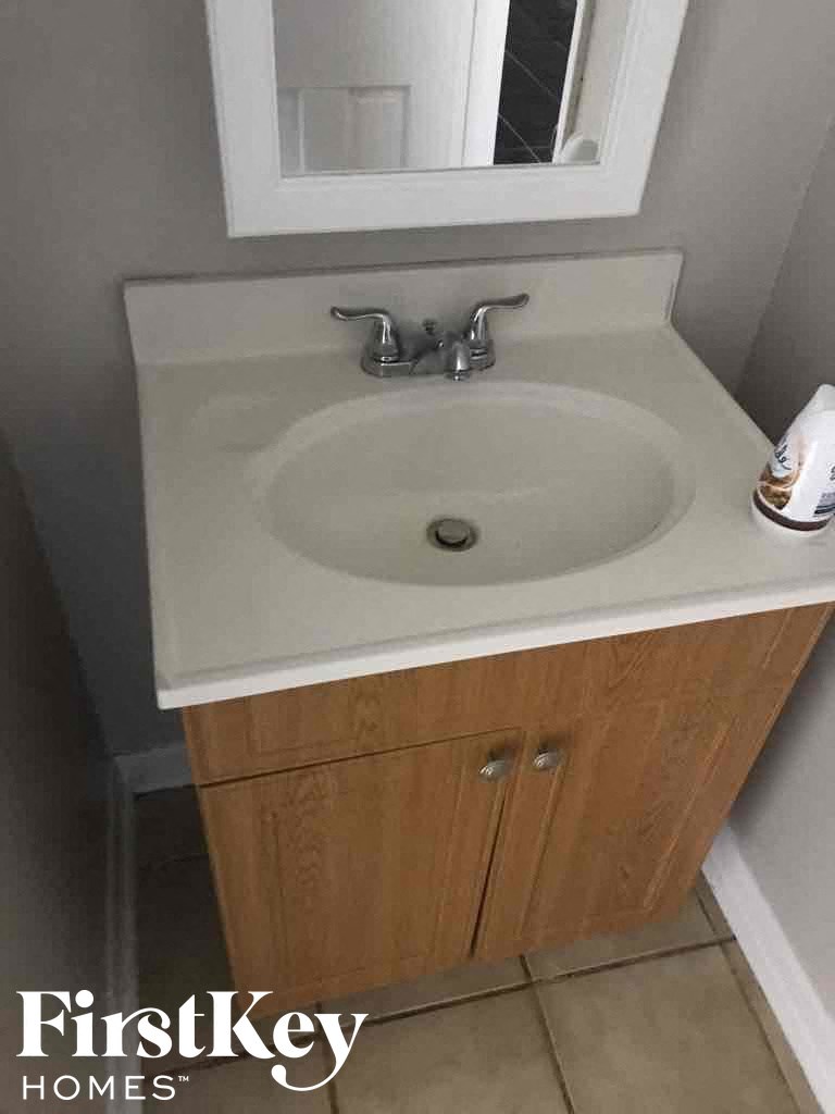 a bathroom with a sink and a mirror