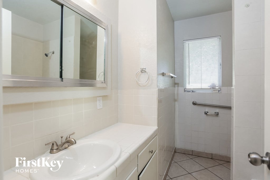 a bathroom with a sink and a shower and a mirror