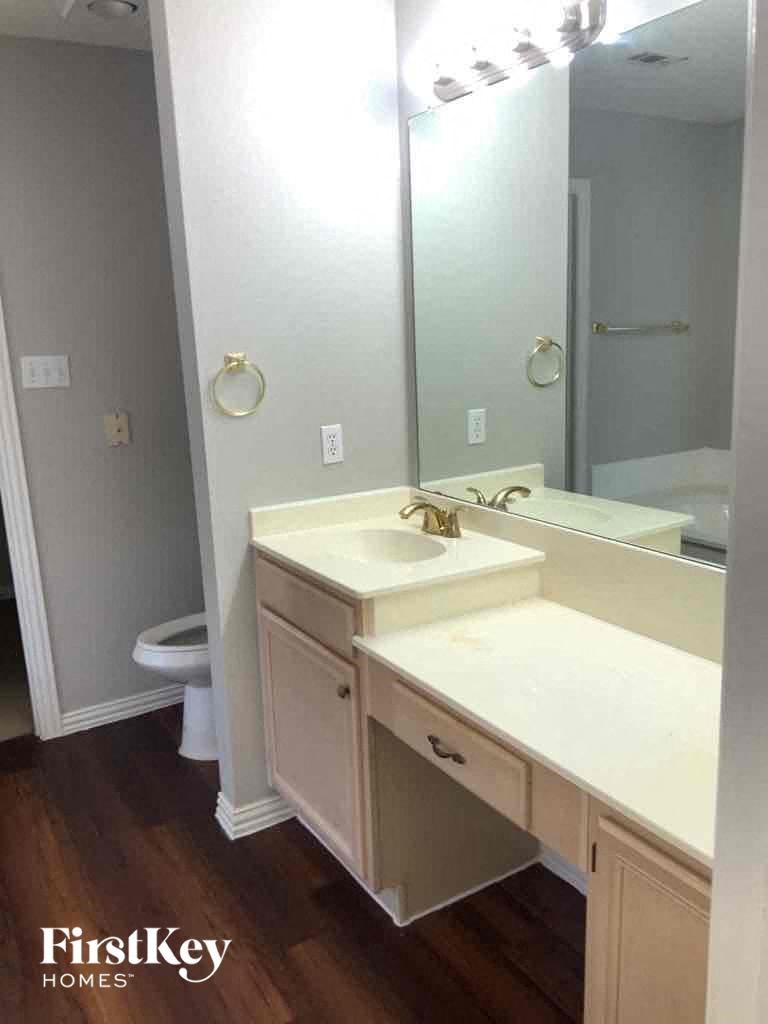 a bathroom with a sink and a mirror and a toilet