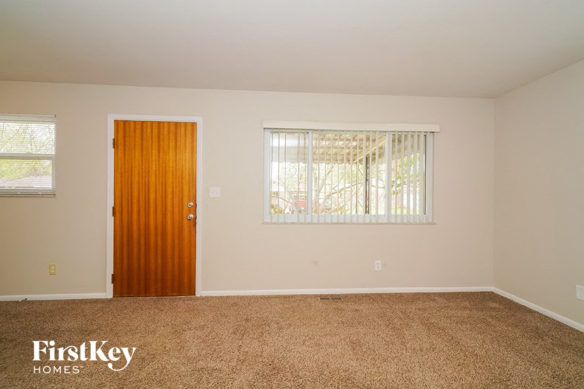 A room with a brown carpet, a wooden door, and a window with blinds.