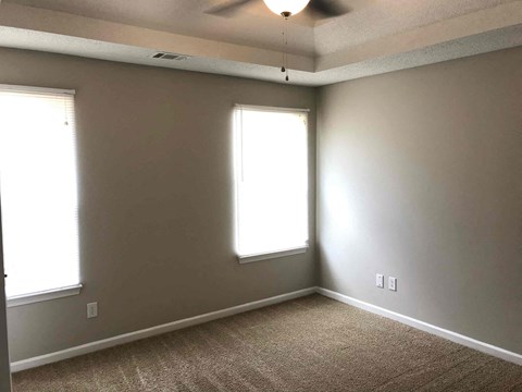 a living room with two windows and a carpet