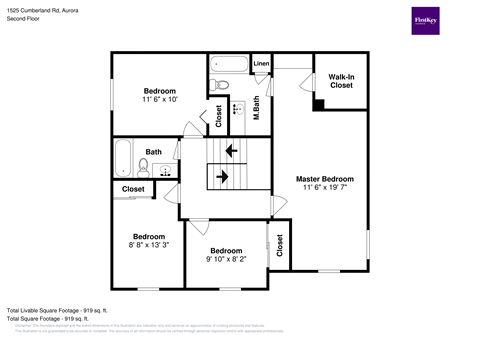 A floor plan for a home with a total living space of 919 square feet.