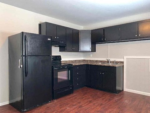 A black fridge and oven in a kitchen with black cabinets.