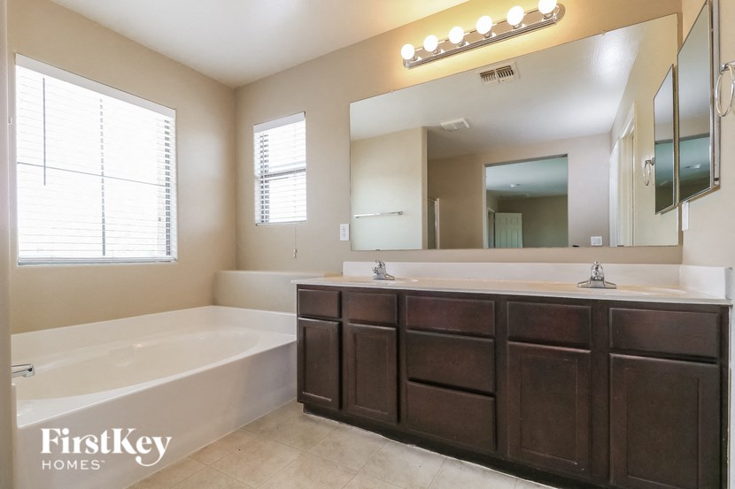 a bathroom with a tub and a sink and a mirror