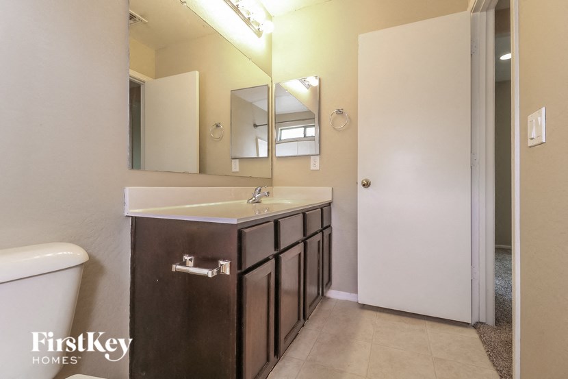 a bathroom with a sink and a mirror and a toilet
