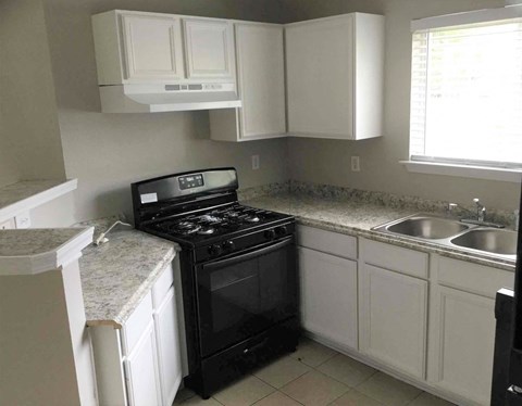 a kitchen with a stove and a sink