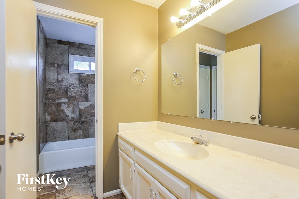 a bathroom with a sink and a shower and a mirror