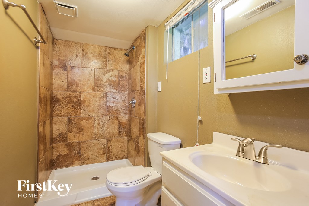 a bathroom with a sink toilet and a shower