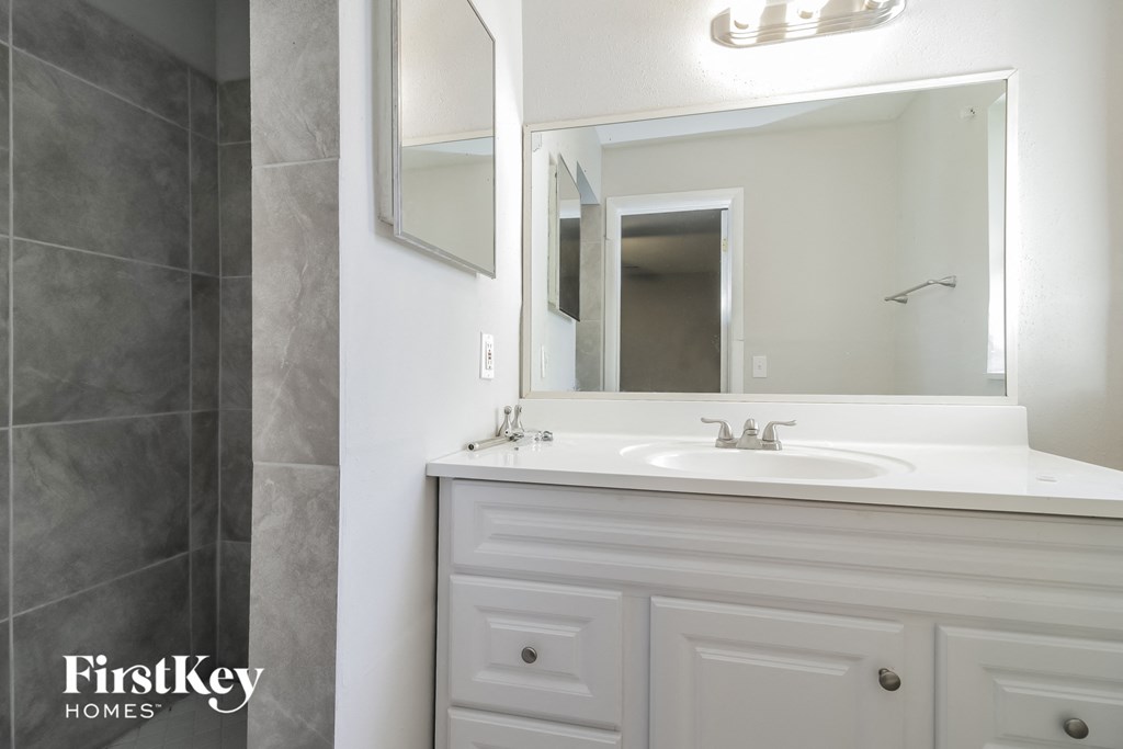 a bathroom with a sink and a mirror and a shower