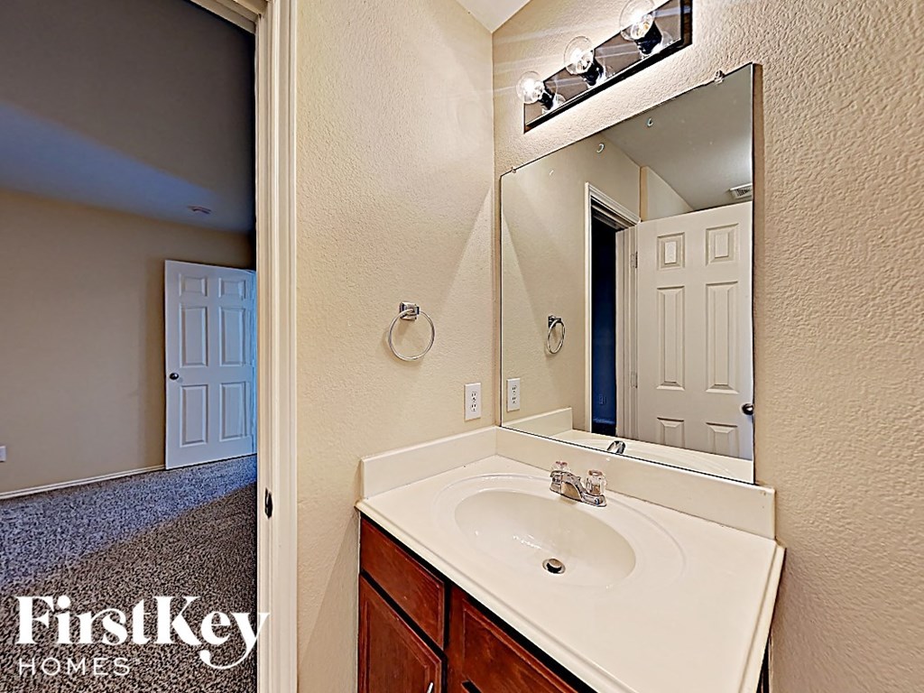 a bathroom with a sink and a mirror