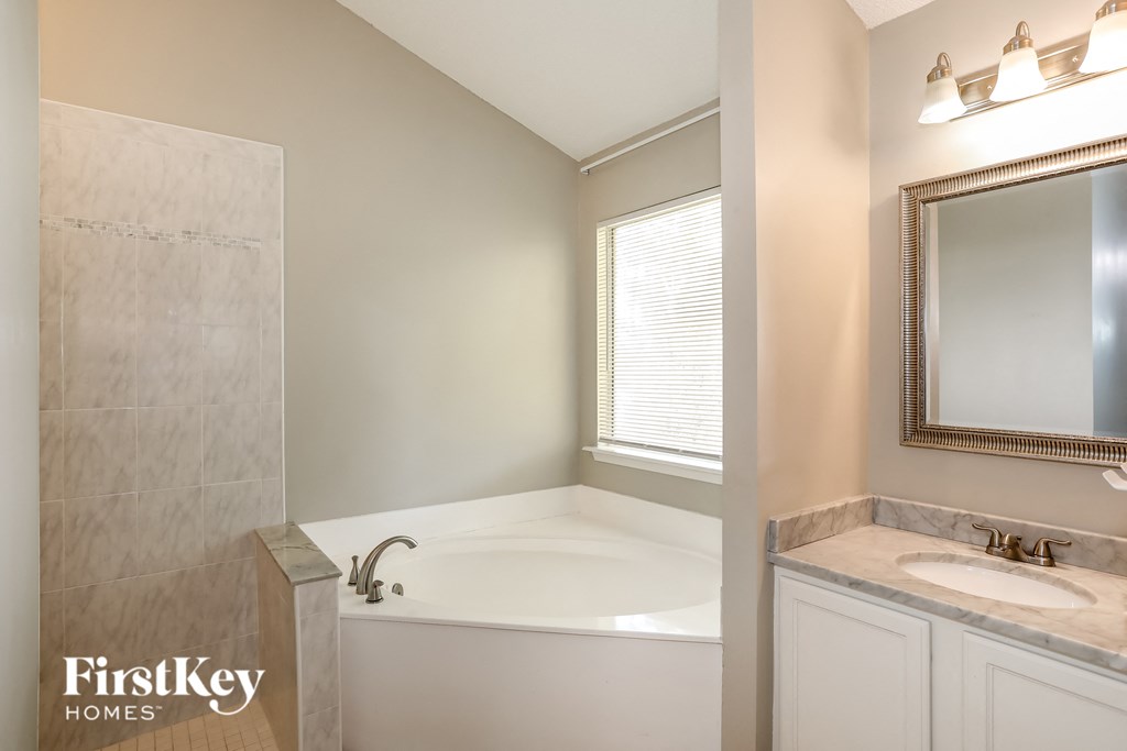 a bathroom with a tub and a sink and a mirror